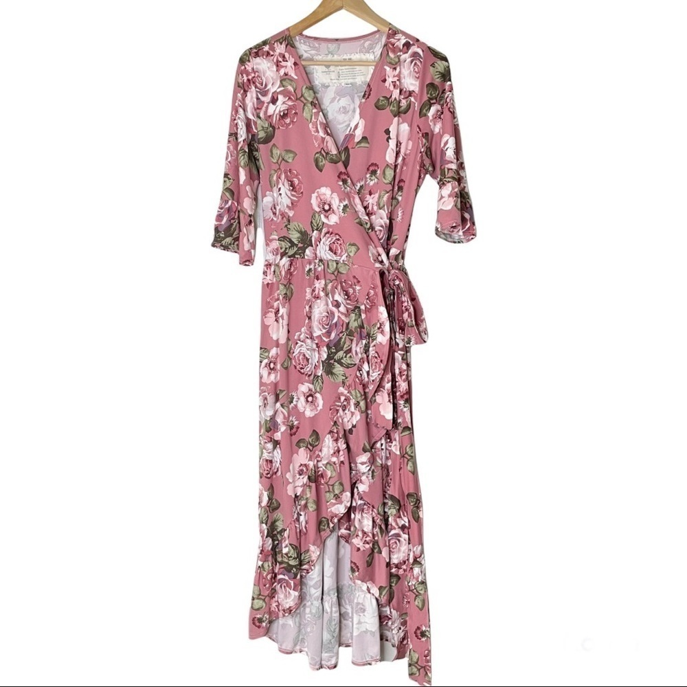 Farmhouse frocks Penny Swing high low hem floral print wrap maxi dress medium